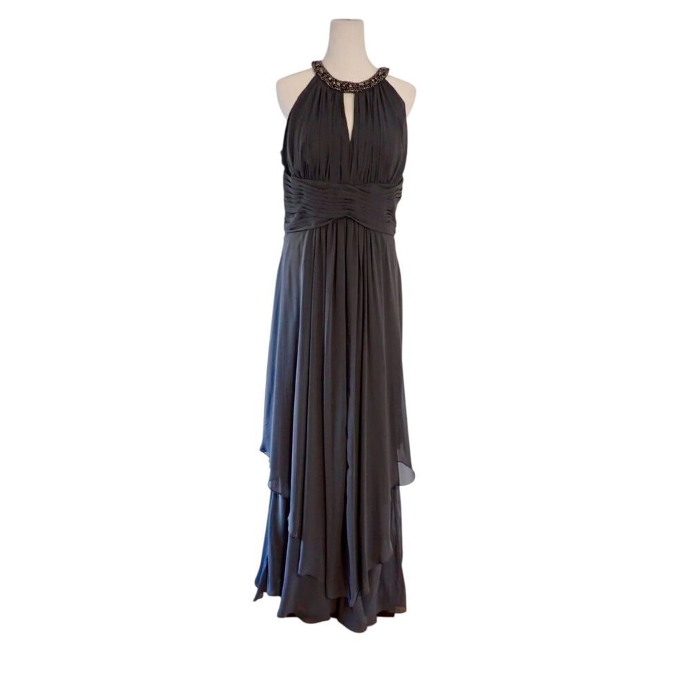 Eliza J Dress Womens 12 Gray Halter Beaded Neck Evening Gown Floor Length Formal